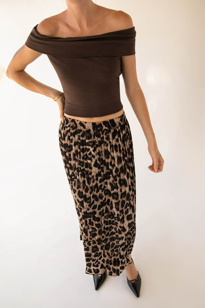 LEOPARD PLEATED MAXI SKIRT