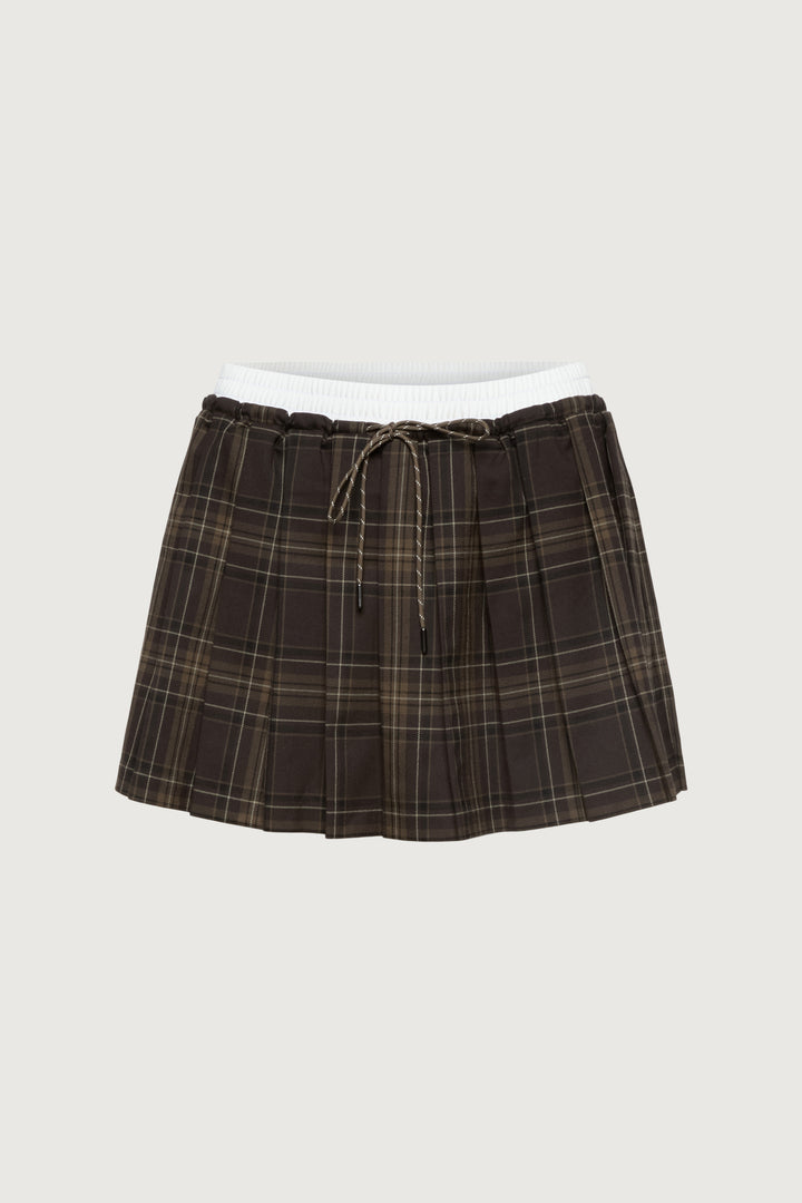 EXPOSED WAIST MINI SKORT in Brown plaid — alternate angle