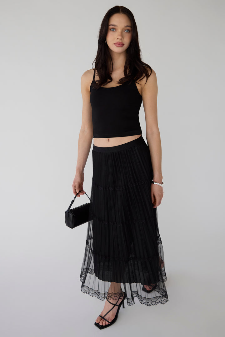 SHEER LACE TIERED MAXI SKIRT in Black — alternate angle