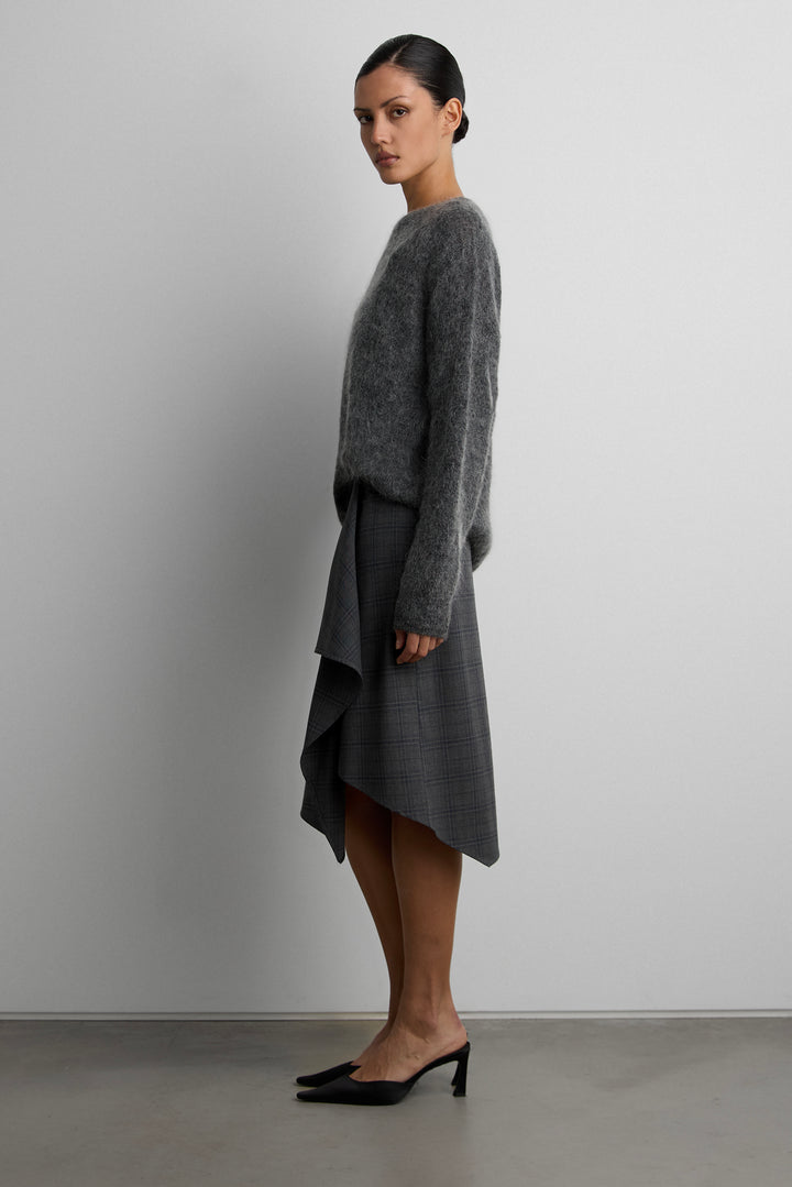 WOVEN PRINT MIDI SKIRT WITH ASYMMETRIC HEM in Grey Plaid — alternate angle