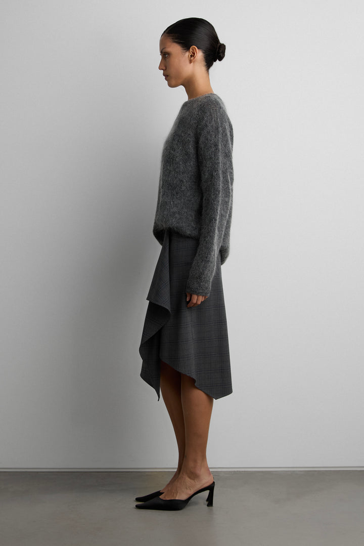 WOVEN PRINT MIDI SKIRT WITH ASYMMETRIC HEM in Grey Plaid — alternate angle