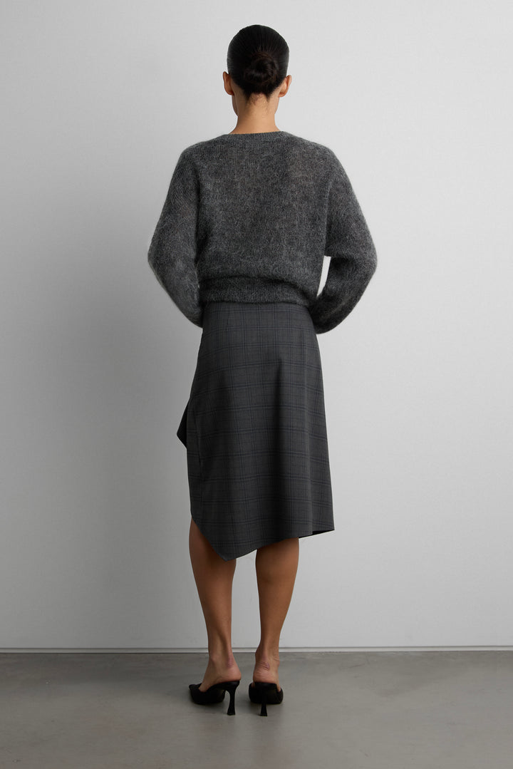 WOVEN PRINT MIDI SKIRT WITH ASYMMETRIC HEM in Grey Plaid — alternate angle