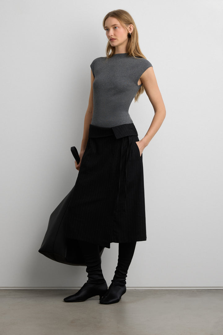 PINSTRIPE MIDI SKIRT WITH WAIST TIE in Black — alternate angle
