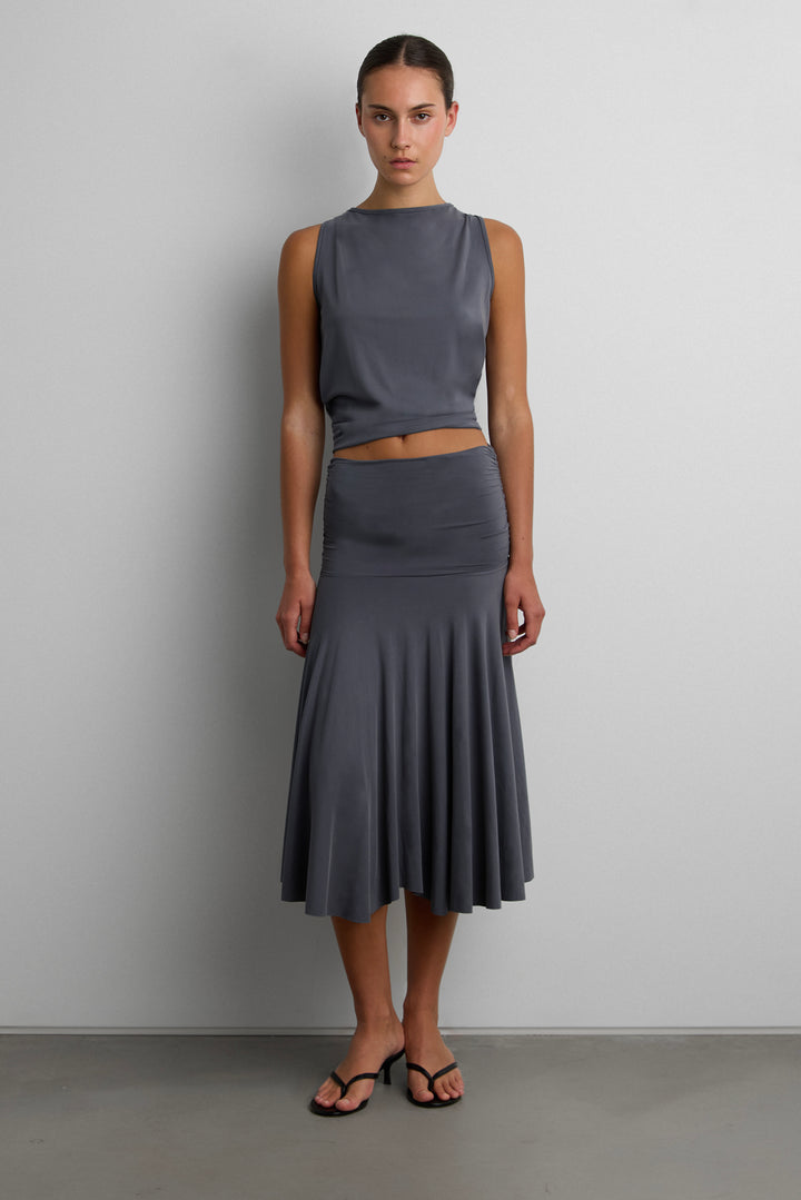 2-WAY RUCHED WAIST MIDI SKIRT in ODYSSEY GREY — alternate angle