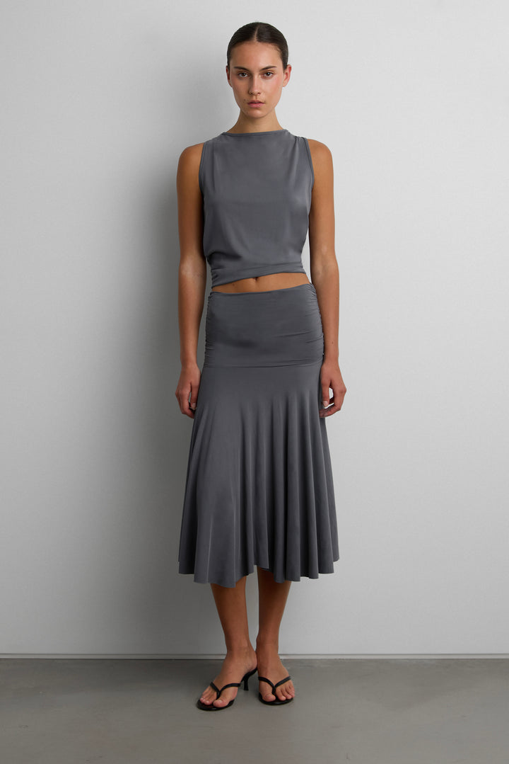 2-WAY RUCHED WAIST MIDI SKIRT in THUNDERSTORM — alternate angle