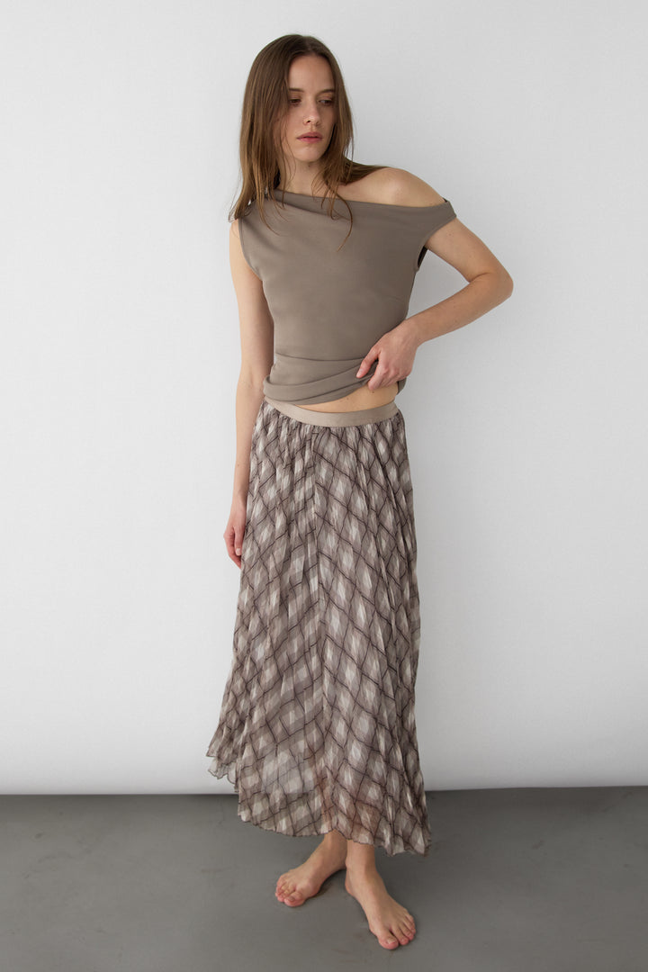 PLAID PLEATED MAXI SKIRT in Brown plaid — alternate angle