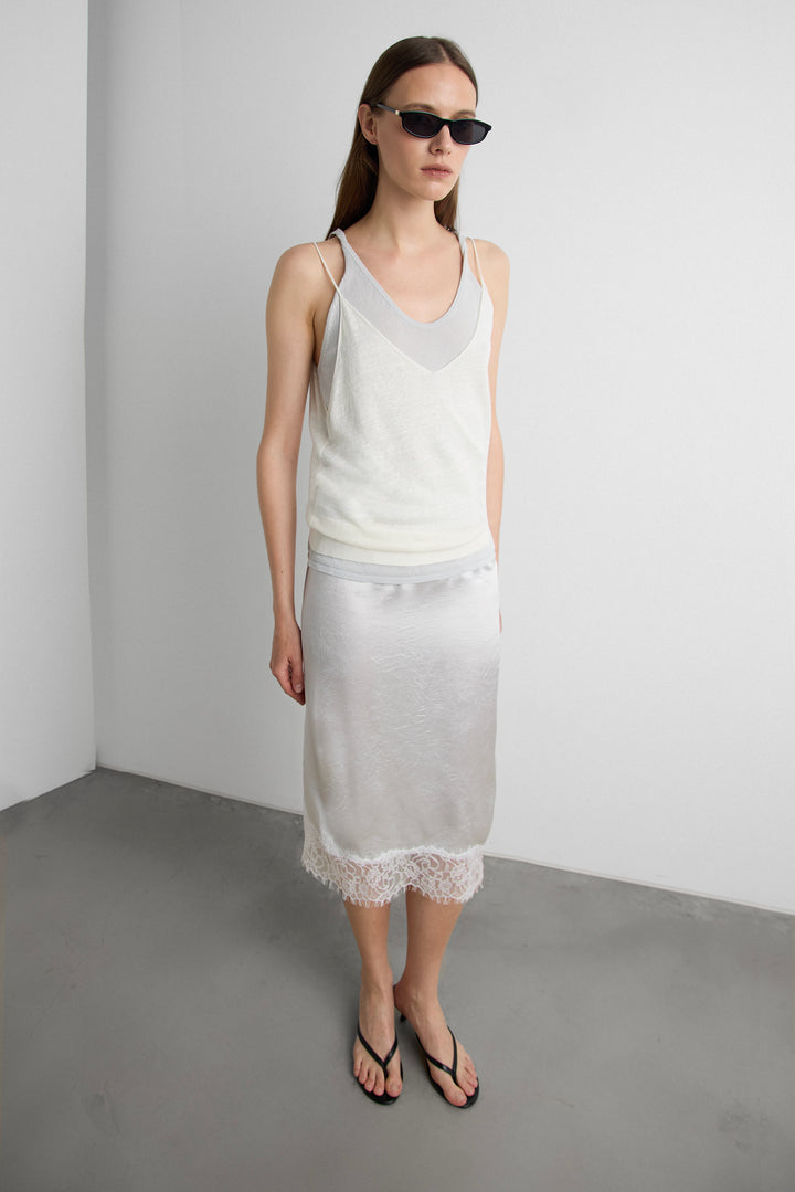 LACE TRIM SILKY MIDI SKIRT in Gray — alternate angle