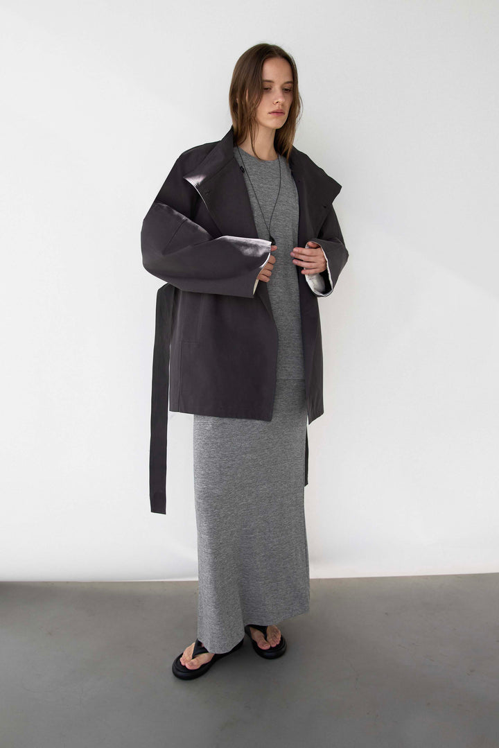 TEXTURED DRAWSTRING MAXI SKIRT in Melange Grey — alternate angle