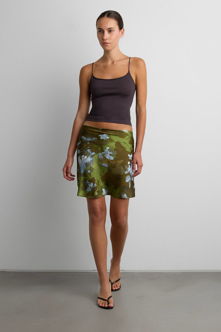 VINTAGE SATIN FLORAL MIDI SKIRT in GREEN FLORAL — alternate angle