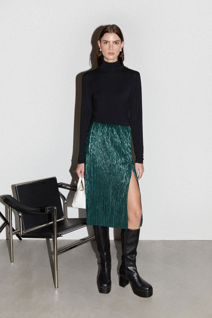 SPARKLY PLEATED MIDI SKIRT