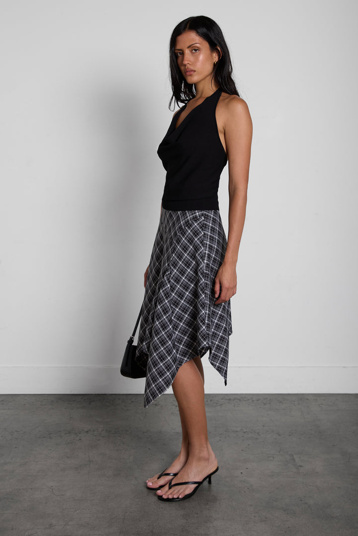 TARTAN PRINT A-LINE MIDI SKIRT in Black Plaid — alternate angle