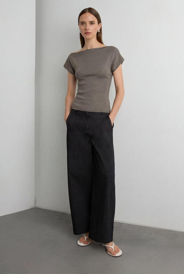 ASYMMETRICAL OFF THE SHOULDER CAP SLEEVE SWEATER in Desert Taupe — alternate angle