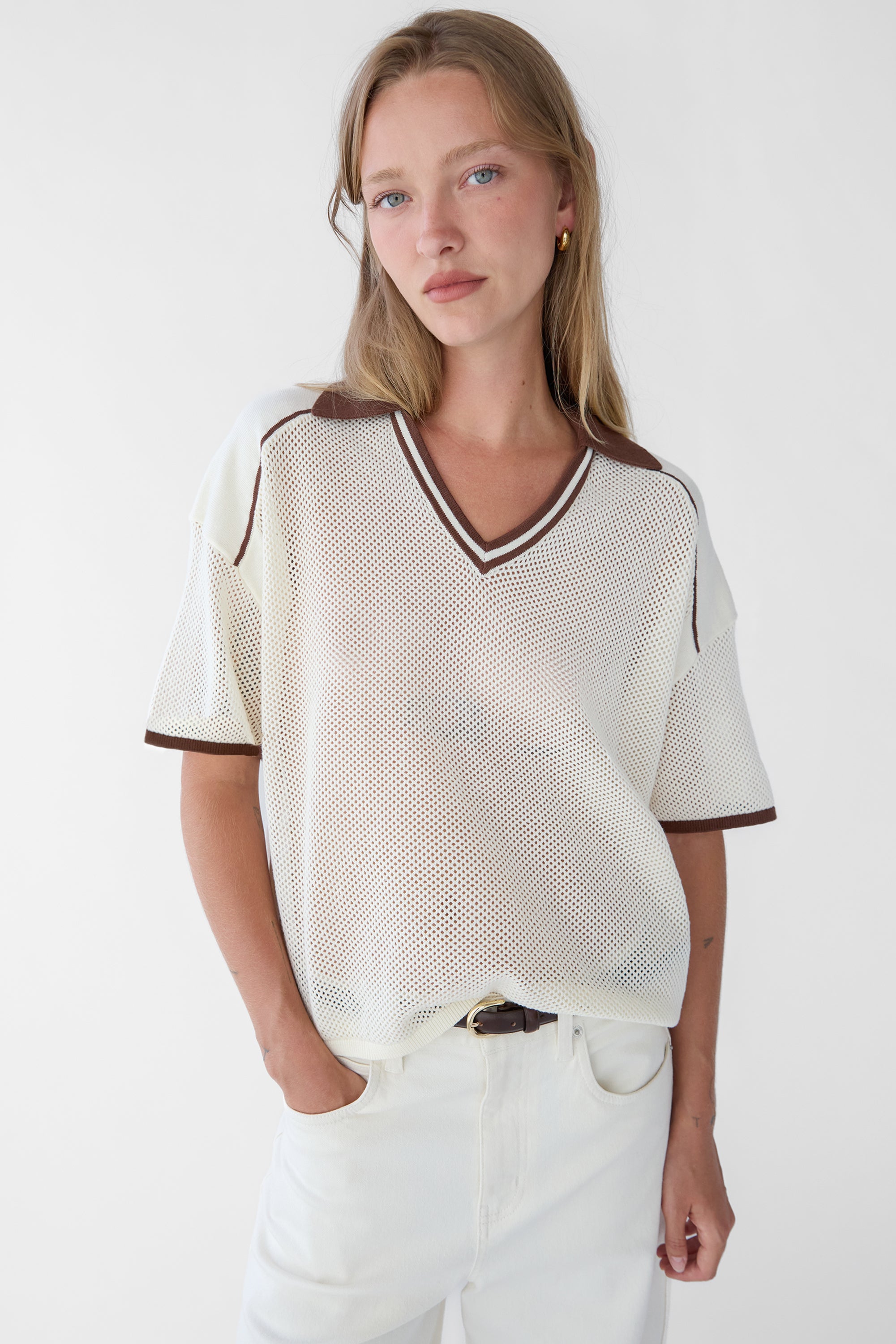 V-Neck Mesh Crochet Polo | OAK + FORT