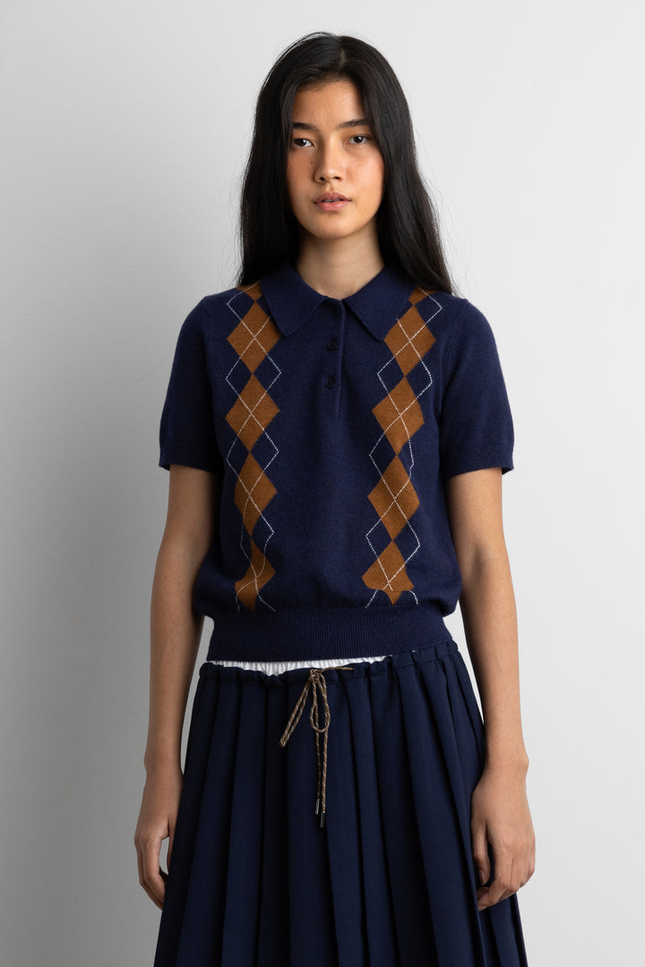 ARGYLE SHORT SLEEVE POLO SWEATER in Evening Blue Argyle — alternate angle