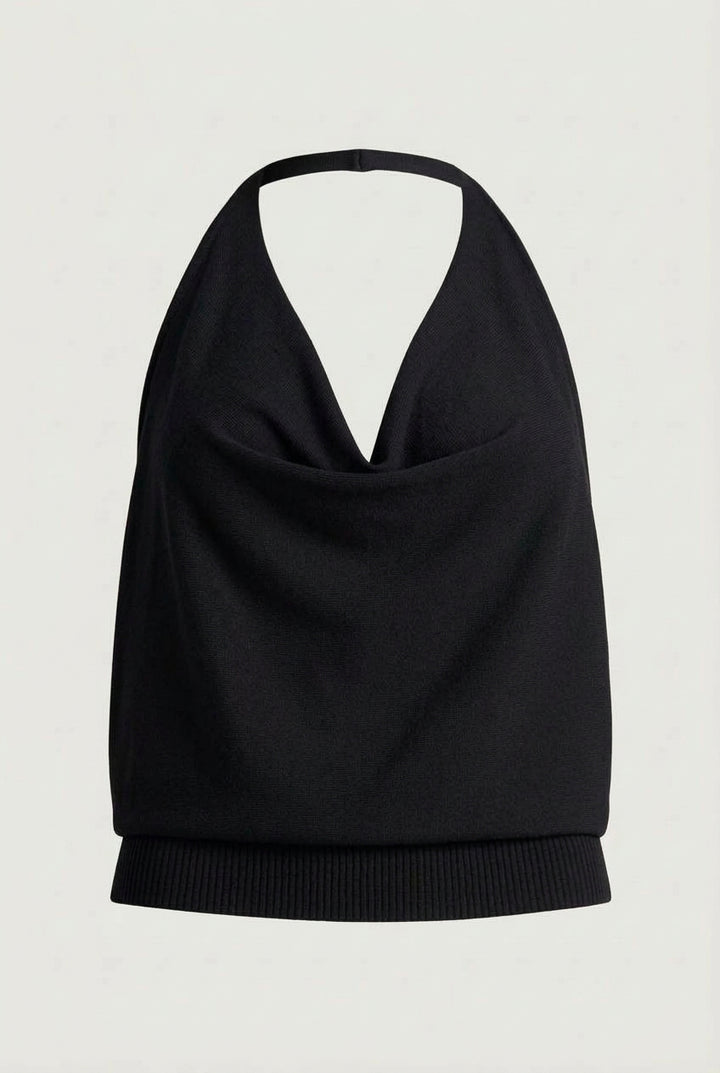 KNIT COWL NECK HALTER TOP in Black — alternate angle
