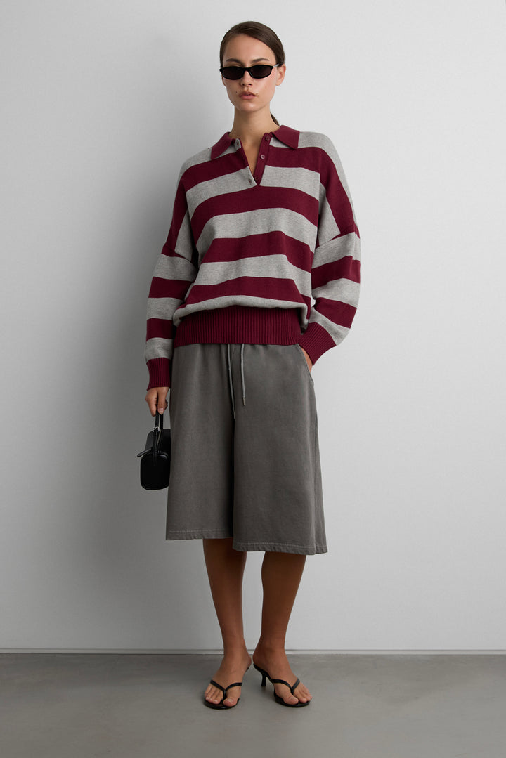 STRIPED RUGBY POLO SWEATER in GREY CREAM STRIPE — alternate angle