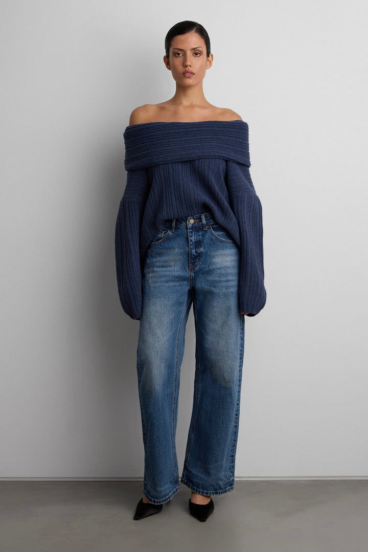OVERSIZED SLOUCHY OFF THE SHOULDER SWEATER in Evening Blue — alternate angle