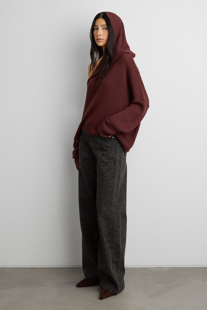 Slouchy Off The Shoulder Knit Hoodie | OAK + FORT