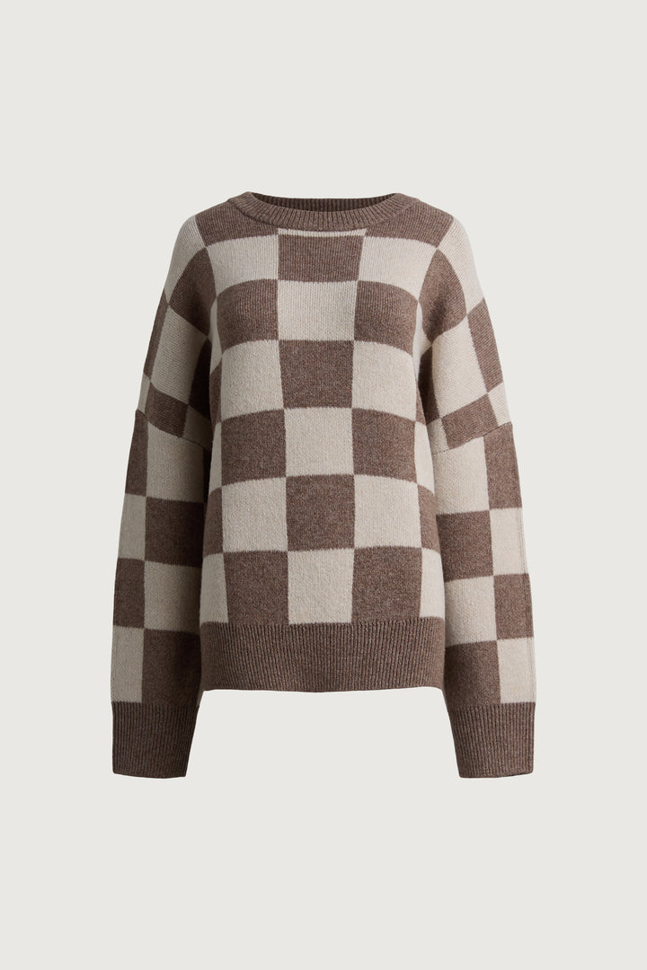 CHECKERED CREWNECK SWEATER in BROWN LENTIL CHECK — alternate angle