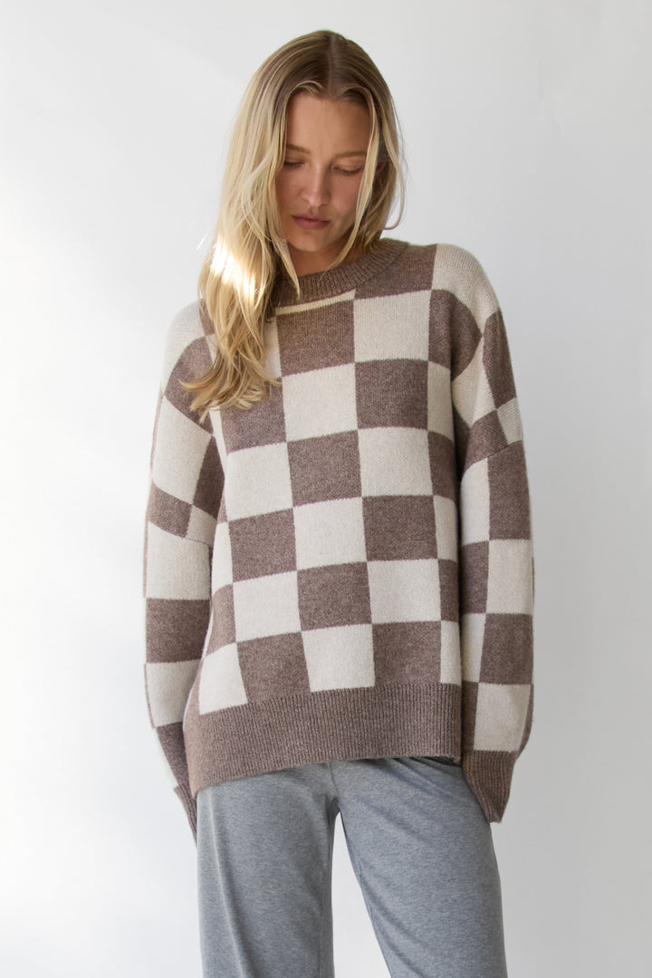 CREWNECK SWEATER in BROWN LENTIL CHECK — alternate angle