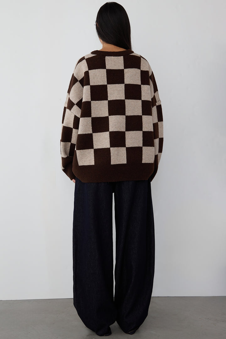 CHECKERED CREWNECK SWEATER in Bitter Chocolate Check — alternate angle