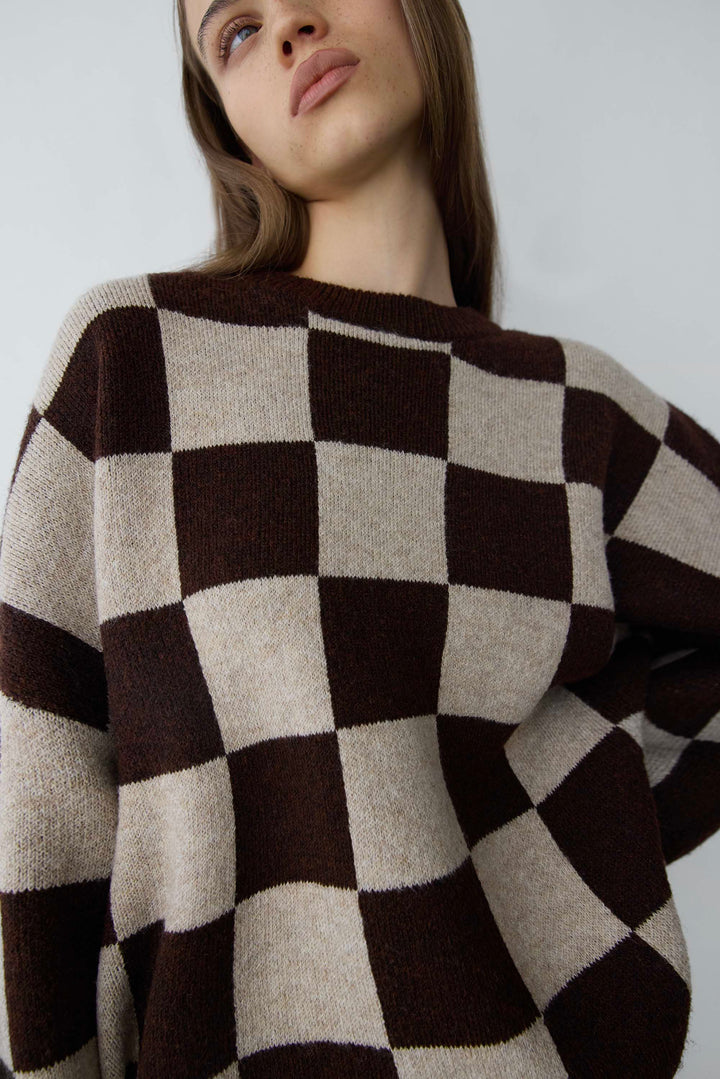 CREWNECK SWEATER in Bitter Chocolate Check — alternate angle