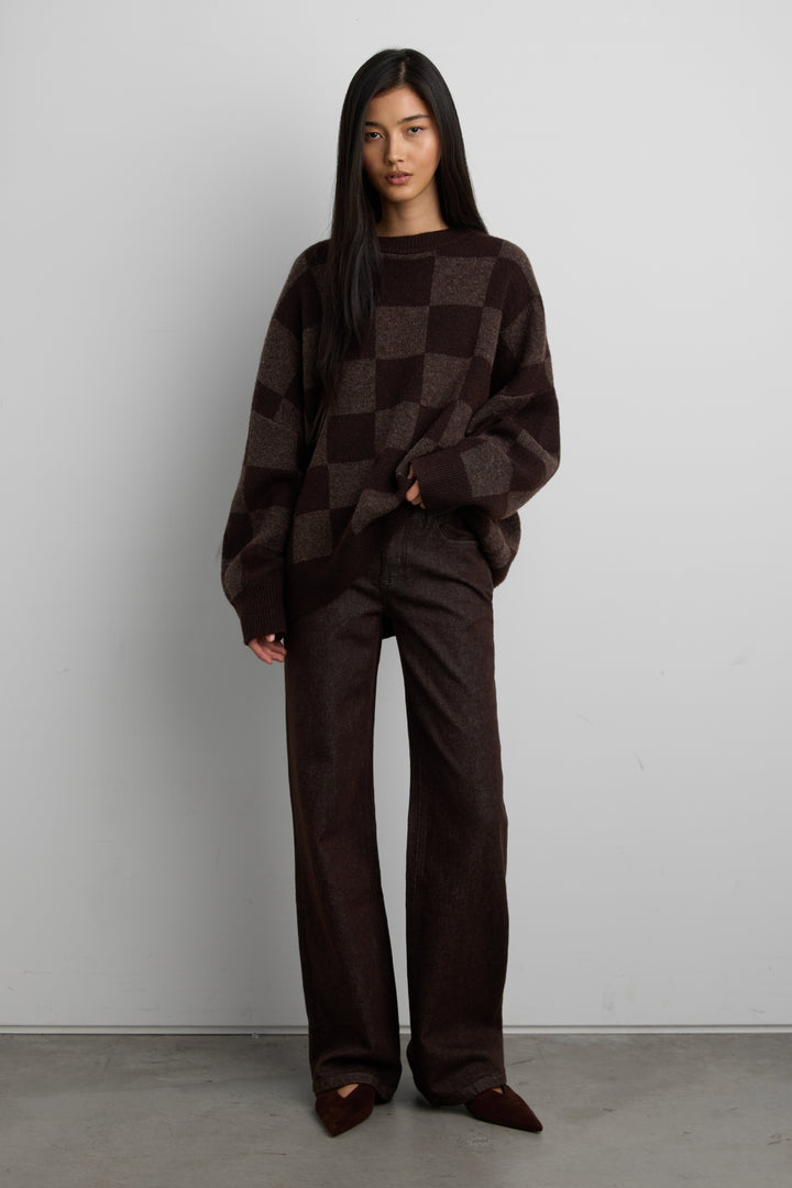 CHECKERED CREWNECK SWEATER in CHOCOLATE MARTINI CHECK — alternate angle