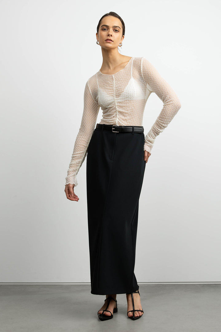 SHEER MESH RUCHED LONG SLEEVE TOP