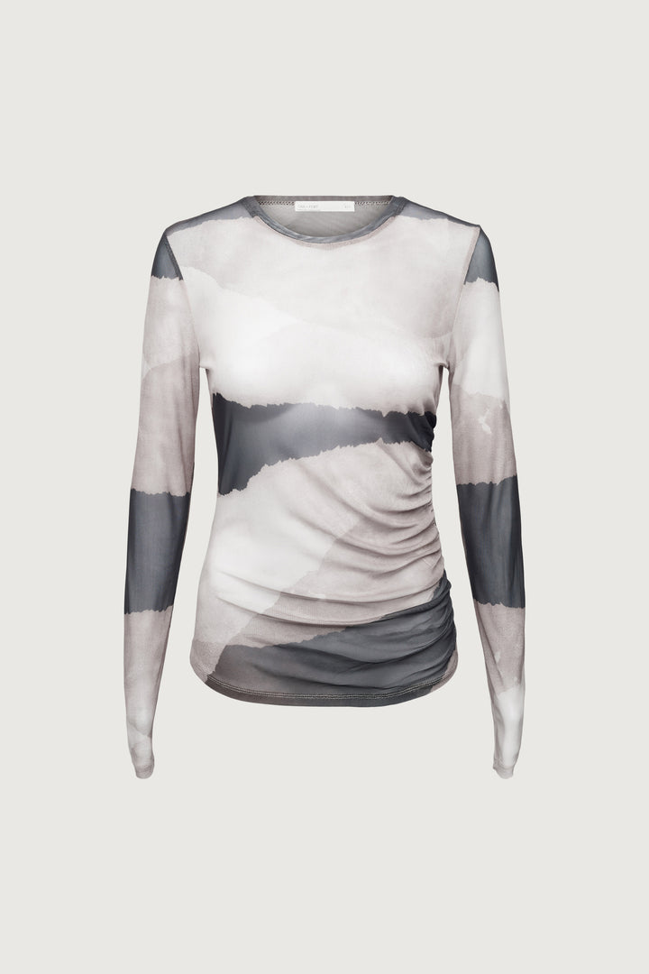 MESH LONG SLEEVE TOP in Beige Print — alternate angle