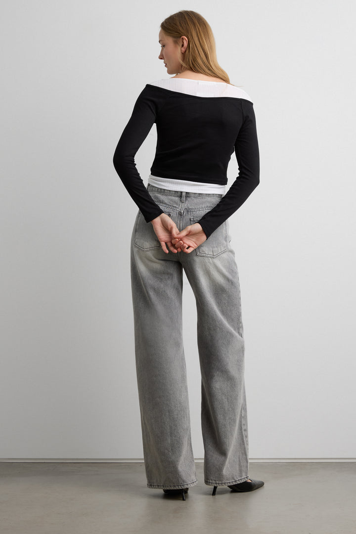 LAYERED BOAT NECK TOP in Black — alternate angle