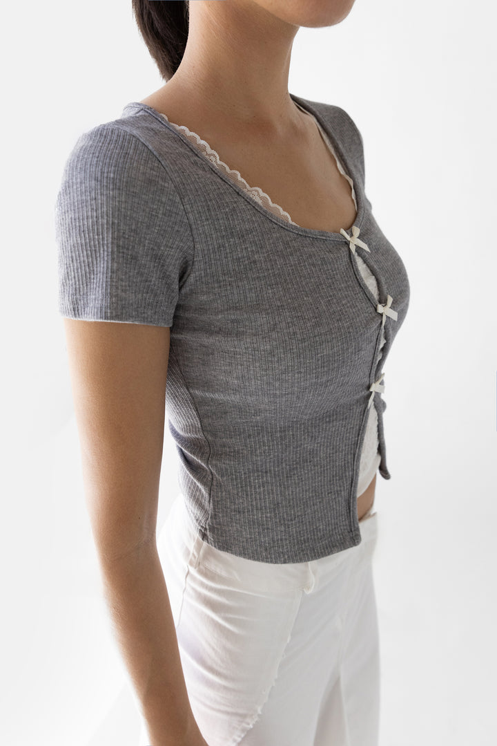 LAYERED LACE BOW TOP in Charcoal — alternate angle