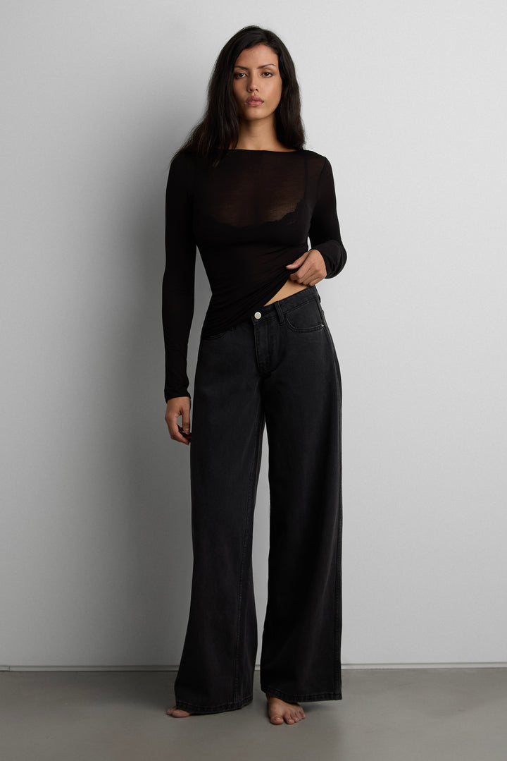 SHEER LIGHTWEIGHT BOAT NECK TOP in Black — alternate angle