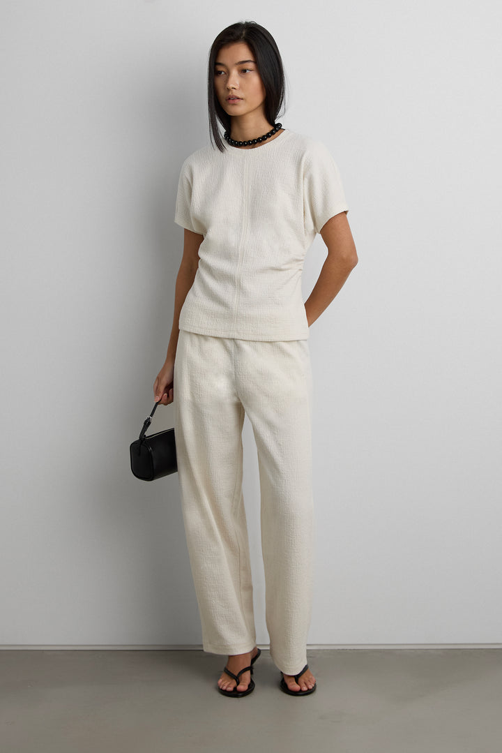 KNIT SHORT SLEEVE RUCHED WAIST TOP in Cream — alternate angle