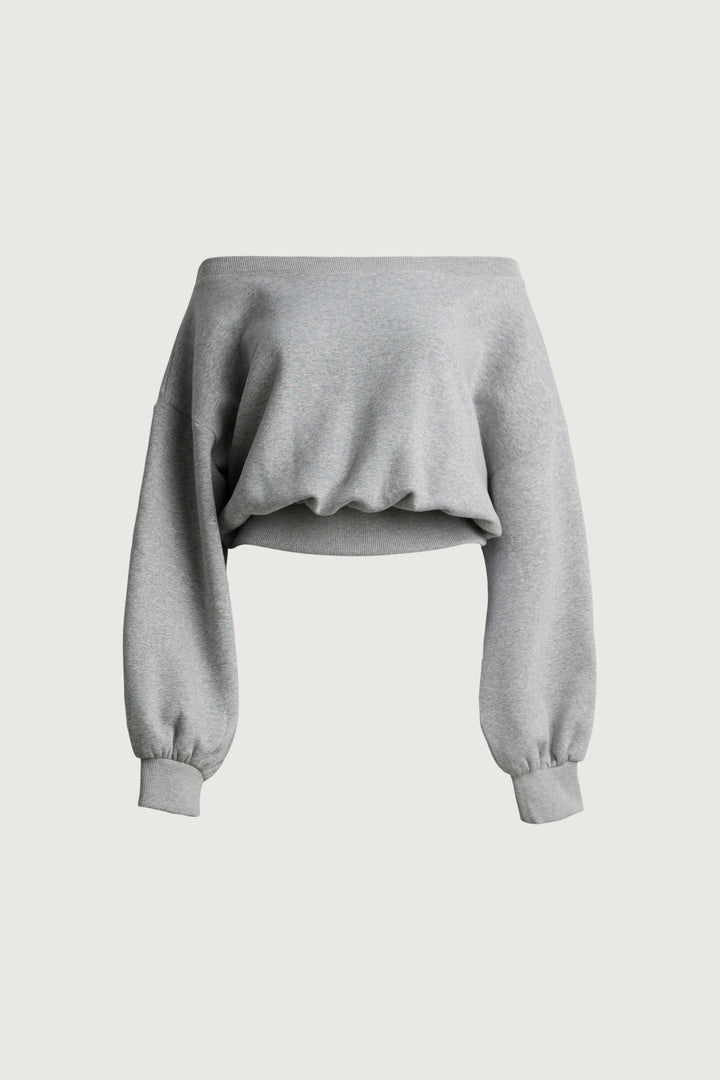 FLEECE STUDIO CINCHED WAIST OFF THE SHOULDER SWEATSHIRT in Medium Heather Grey — alternate angle