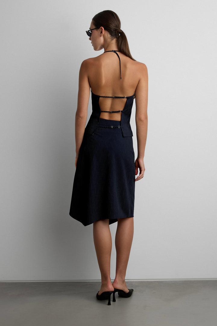 WOVEN PRINT HALTER NECK TANK WITH OPEN BACK in Navy Pinstripe — alternate angle