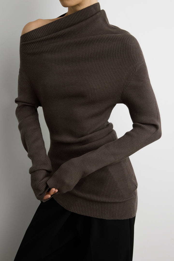 ASYMMETRICAL OFF-SHOULDER RIBBED KNIT TOP in Dark Taupe — alternate angle