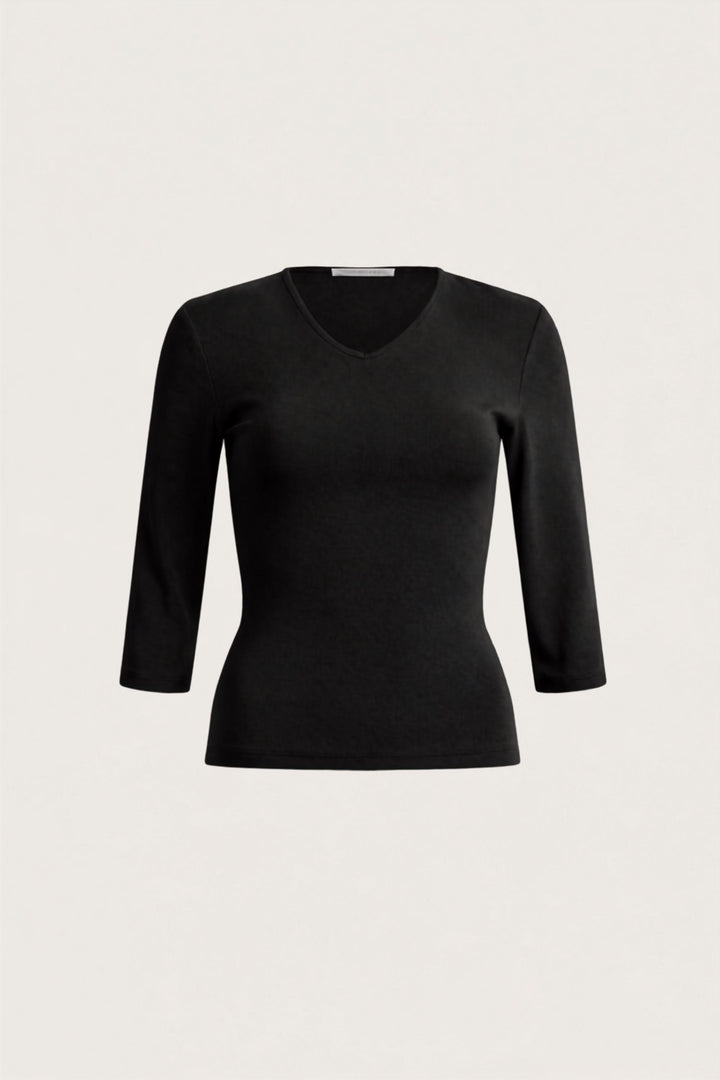 FITTED COTTON MODAL V-NECK QUARTER SLEEVE TOP in Black — alternate angle