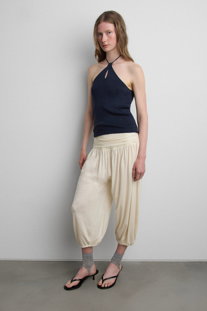 TWISTED LINEN BLEND HALTER NECK TOP in Navy — alternate angle