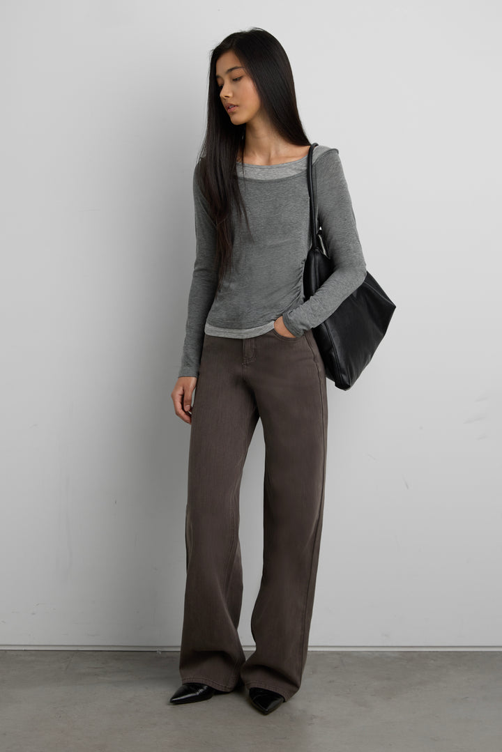 SHIRRED CONTRAST LAYER TOP in Gray — alternate angle