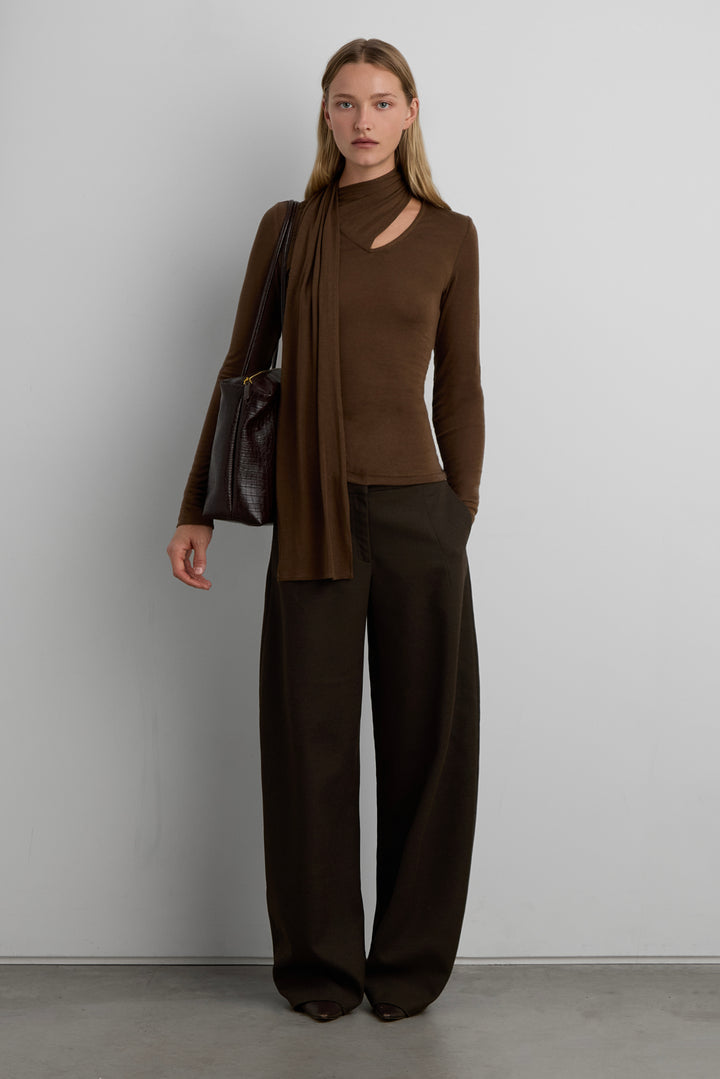 SCARF DRAPED LONG SLEEVE TOP in Dark Beige — alternate angle