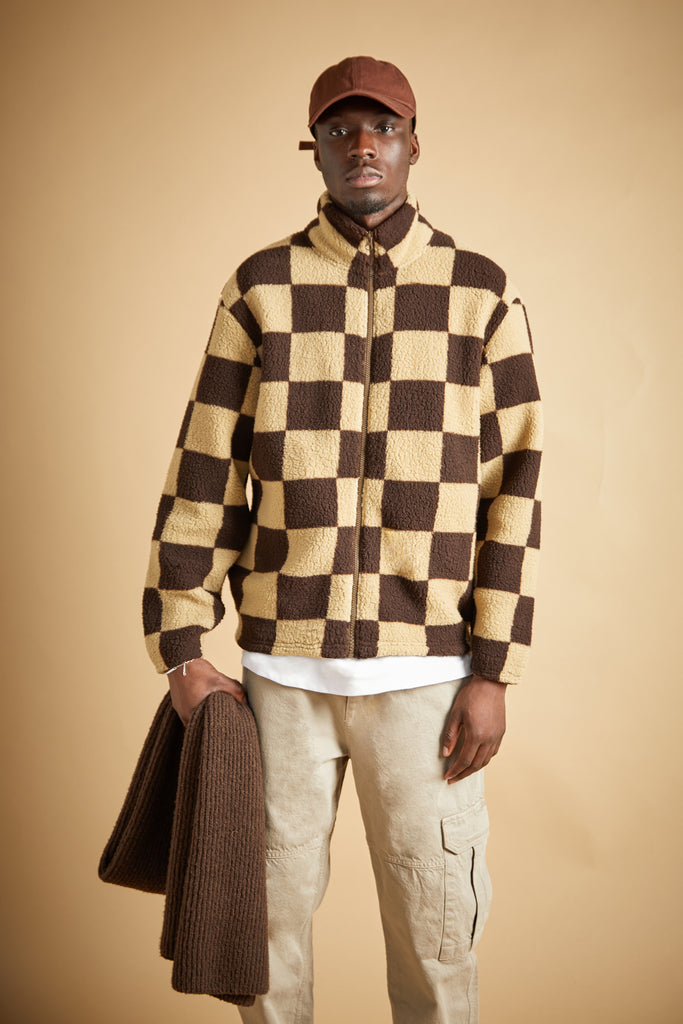 【sherpa】 Checkerboard Full Zip Sherpa Jacket - Adorn Boutique