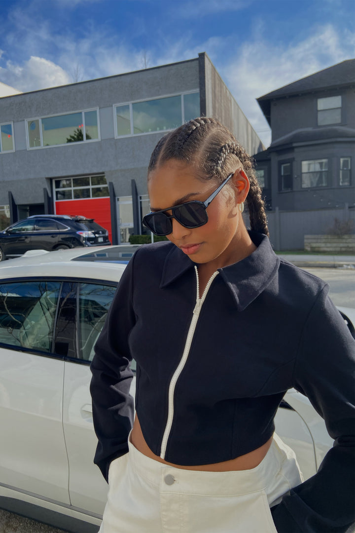 HIGH NECKLINE ZIP-UP TOP in Black — alternate angle